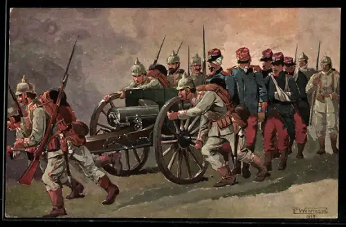 Künstler-AK Artillerie mit Pickelhauben ziehen mit Kriegsgefangenen und Kanone weiter