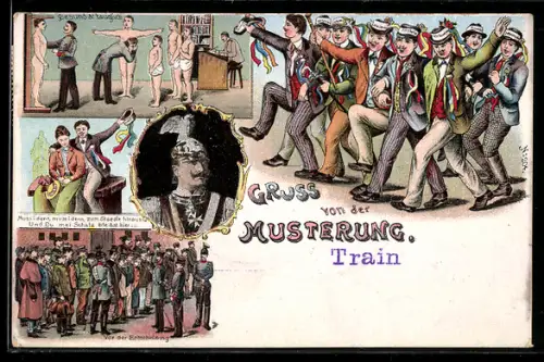 Lithographie Gruss von der Musterung, vor der Entscheidung, gesund und tauglich Porträt Kaiser Wilhelm