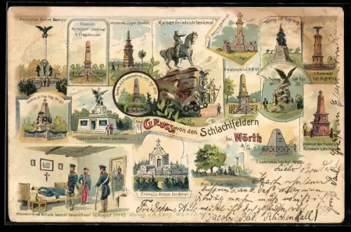 Lithographie Wörth, Schlachtfeld-Denkmal, Württembergisches Jäger Denkmal