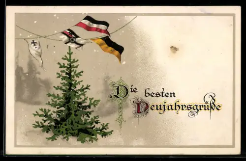 Künstler-AK Weinachtsgrüsse, Tannenbaum mit Flaggen des Zweibunds
