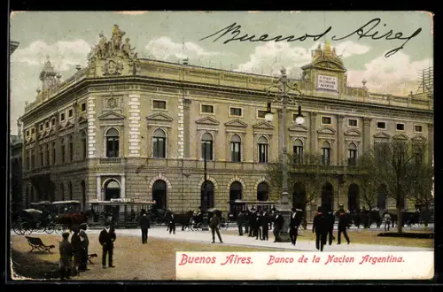 AK Buenos Aires, Banco de la Nacion Argentina, Strassenbahnen, Pferdekutsche