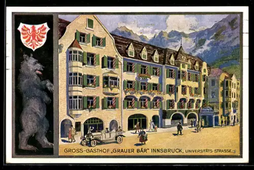 Künstler-AK Innsbruck, Gross-Gasthaus Grauer Bär, Universitätsstrasse