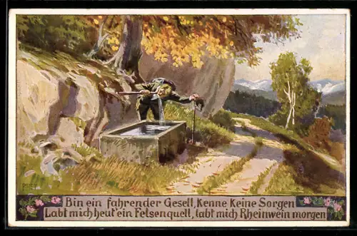 Künstler-AK Paul Hey: Volksliederkarte Nr. 81: Bin ein fahrender Gesell, kenne keine sorgen!, Wanderer macht Rast
