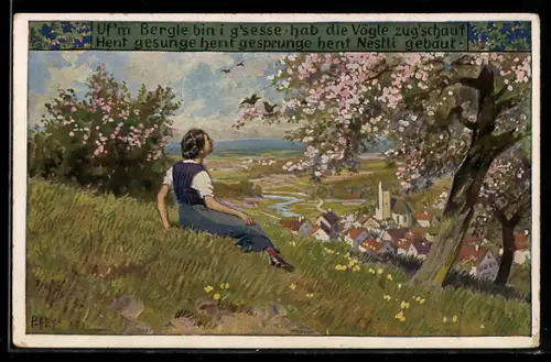 Künstler-AK P. Hey, Volksliederkarte Nr.74: Uf'm Bergle bin i g'sesse, Frau sitz auf Blumenwiese