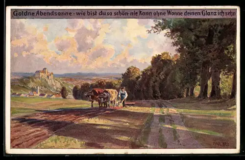 Künstler-AK P. Hey, Volksliederkarte Nr.259: Goldne Abendsonne, wie bist du so schön