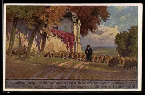 Künstler-AK Paul Hey: Schäfer mit Herde im Herbst