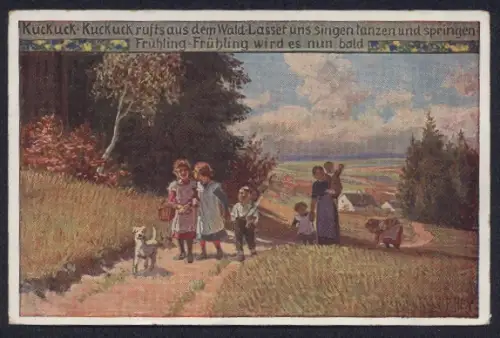 Künstler-AK Paul Hey: Familie auf einem Ausflug mit Hund, Verein für das Deutschtum im Ausland