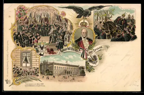 Lithographie Kaiser Wilhelm I., Kaiserproklamation zu Versailles am 18. Jan. 1871