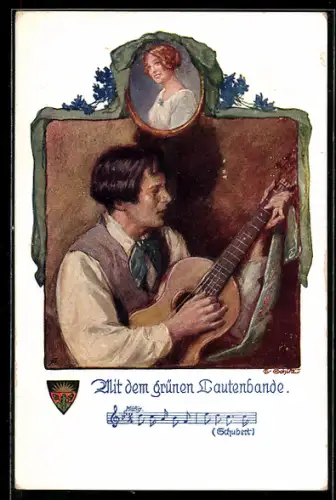 AK Deutscher Schulverein NR: 696, Franz Schubert: Mit dem grünen Lautenbande