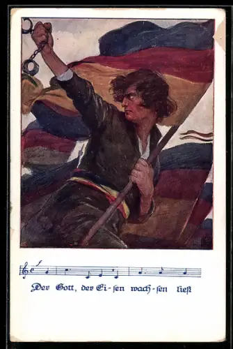 Künstler-AK Karl Friedrich Gsur, Deutscher Schulverein Nr. 1377: Kämpfer mit dt.Flagge und Handschellen ruft zum Sturm