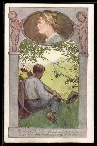 Künstler-AK Brüder Kohn (B.K.W.I) Nr. 505-1: Mann sitzt auf der Wiese und spielt auf seiner Gitarre