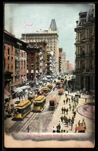 AK New York, Broadway North of Ann Street, Strassenbahnen