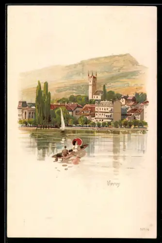 Lithographie Zürich, Teilansicht vom See her, Reklame für Chocolats Lindt & Sprüngli