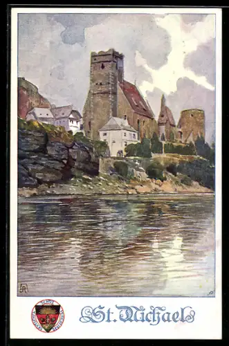 Künstler-AK St. Michael, Ortspartie am Ufer, Deutscher Schulverein