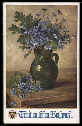 AK Deutscher Schulverein NR 893: Treudeutschen Heilgruss, Kornblumenstrauss in einer Vase