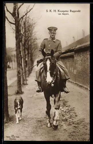 AK Kronprinz Rupprecht von Bayern in Uniform auf Pferd mit Hund