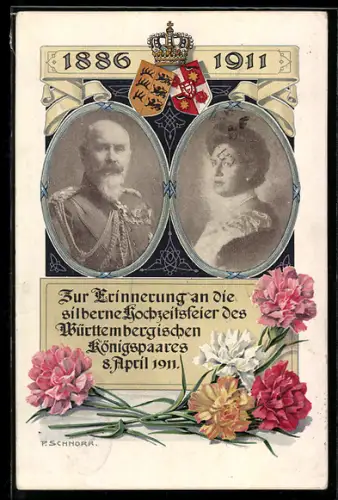 AK Das Württembergische Königspaar, Silber-Hochzeit, 8.4.1911, Nelken, 1886-1911