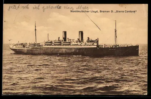 AK Passagierschiff Sierra Cordova vom Norddeutschen Lloyd in Seitenansicht