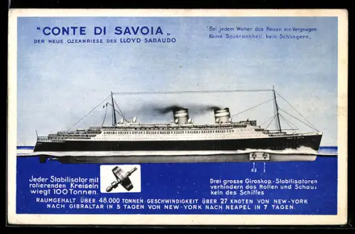 AK Passagierschiff Conte di Savoia vom Lloyd Sabaudo in der Gesamtansicht