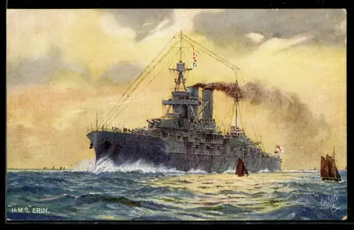 AK Britisches Schlachtschiff H.M.S. Erin in voller Fahrt, Kriegsschiff