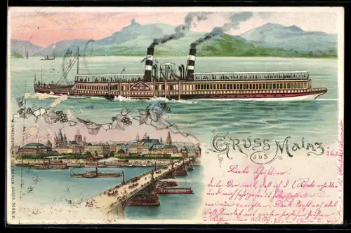 Lithographie Raddampfer Wilhelm in Fahrt auf dem Rhein