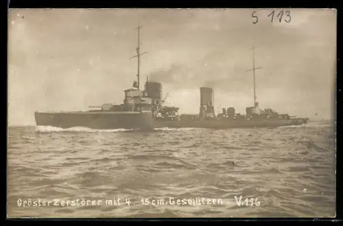 Foto-AK Zerstörer V-116 bewaffnet mit 4 15-cm Geschützen, Kriegsschiff