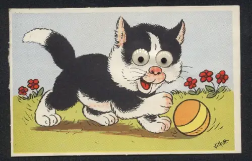 Glasaugen-AK Katze spielt mit einem Ball
