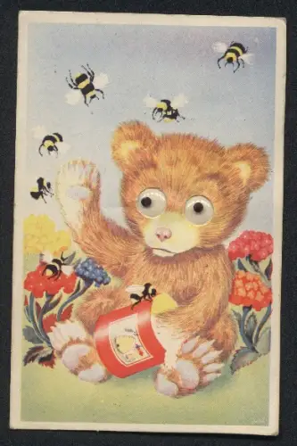 Glasaugen-AK Teddy-Bär mit Honig wird von Hummeln umschwärmt