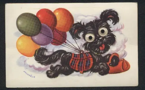 Glasaugen-AK Kleiner Hund mit Luftballons
