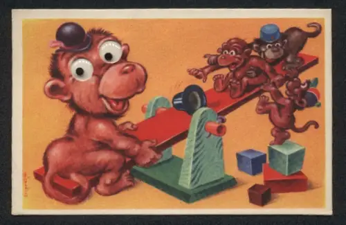 Glasaugen-AK Grosser Affe mit Kulleraugen und kleine Spielkameraden auf einer Wippe