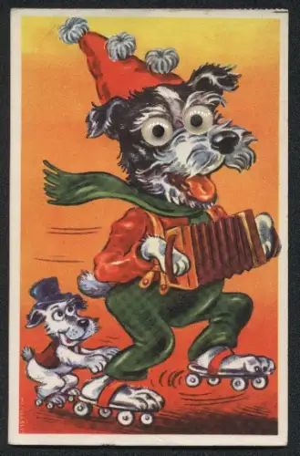 Glasaugen-AK Hund auf Rollschuh mit Ziehharmonika