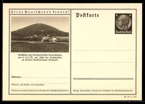 AK Konradsthal /Waldenburger Bergland, Ortsansicht mit dem Weissstein, Ganzsache Lernt Deutschland kennen