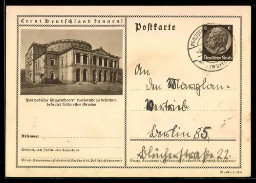 AK Karlsruhe, Ansicht vom Badischen Staatstheater, Ganzsache Lernt Deutschland kennen