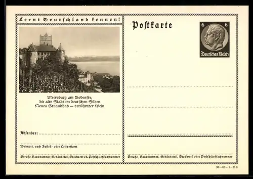 AK Meersburg /Bodensee, Burg hinter Weinreben, Ganzsache Lernt Deutschland kennen