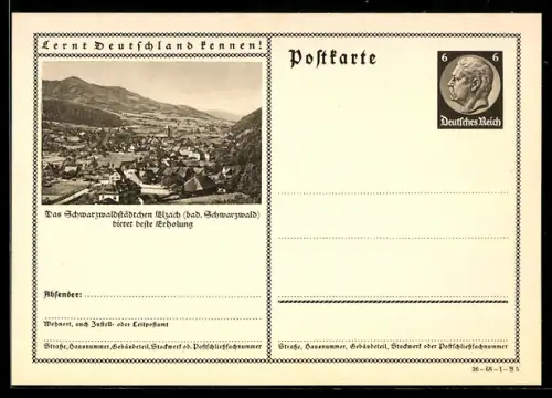 AK Elzach /Bad. Schwarzwald, Ortsansicht im Tal, Ganzsache Lernt Deutschland kennen