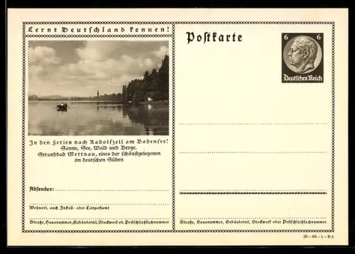 AK Radolfzell am Bodensee, Partie am Ufer des Bodensees, Ganzsache Lernt Deutschland kennen