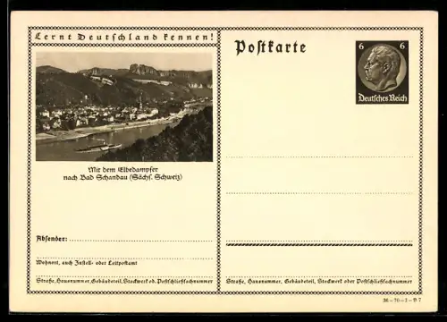 AK Bad Schandau /Sächs. Schweiz, Raddampfer auf der Elbe vor dem Ort, Ganzsache Lernt Deutschland kennen