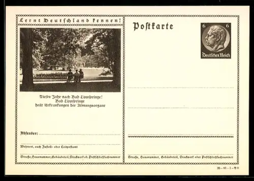 AK Bad Lippspringe, Parkpartie, Ganzsache Lernt Deutschland kennen