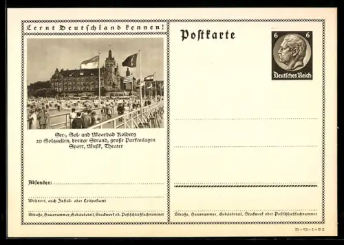 AK Kolberg, Blick von der Landungsbrücke auf das Strandschloss, Ganzsache Lernt Deutschland kennen