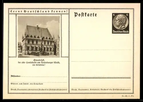 AK Osnabrück, Rathaus, Ganzsache Lernt Deutschland kennen