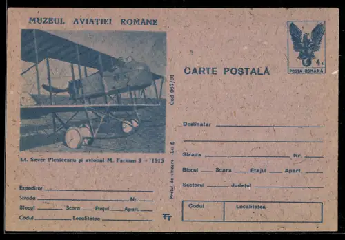 AK Muzeul Aviatei Romane, Lt. Sever Pleniceanu si avionul M. Farman 9, 1915, Ganzsache