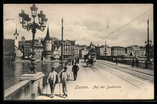 AK Luzern, Auf der Seebrücke, Strassenbahn