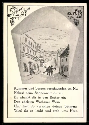 Künstler-AK Stein a. d. Donau, Gasthaus zur goldenen Sonne, Inh. Karl Trifader