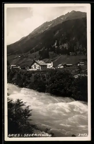 AK Gries i. Sellrain, Ort mit Flusspartie