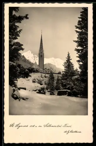 AK St. Sigmund im Sellraintal, Kirche im winterlichen Bergpanorama