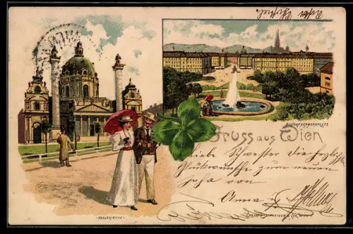 Lithographie Wien, Karlskirche, Schwarzenbergplatz mit Brunnen