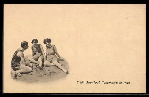 AK Wien, Städtisches Strandbad Gänsehäufel, Drei Personen in Badeanzügen