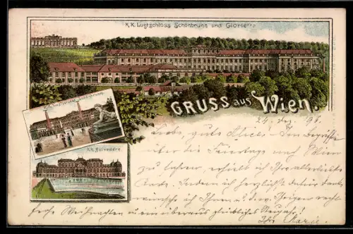 Lithographie Wien, Lustschloss Schönbrunn mit Glorie, K. K. Belvedere