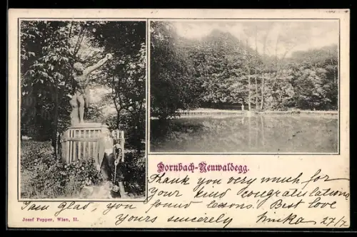 AK Dornbach-Neuwaldegg, Teich im Wald, Mann mit Hund an einer Statue