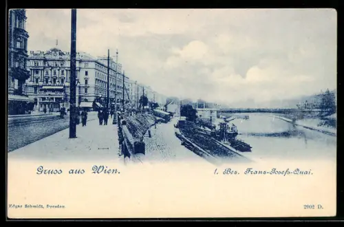 AK Wien, Franz-Josefs-Quai, Uferpromenade mit Schiffen und Brücke